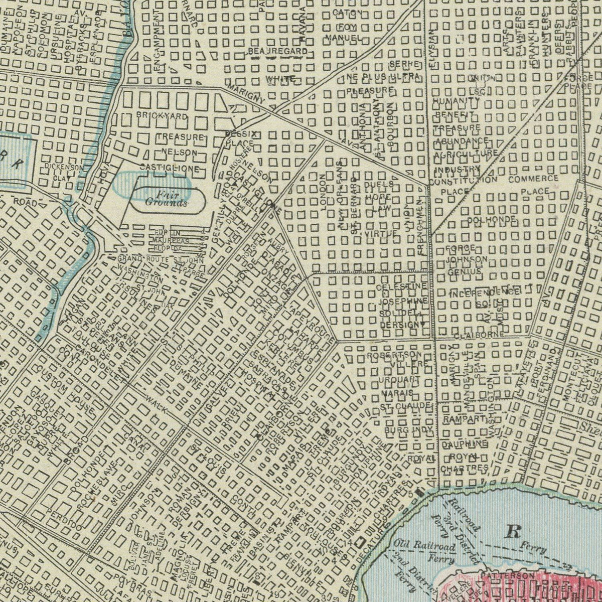 Restored historic details from the 1901 city map of New Orleans, Louisiana