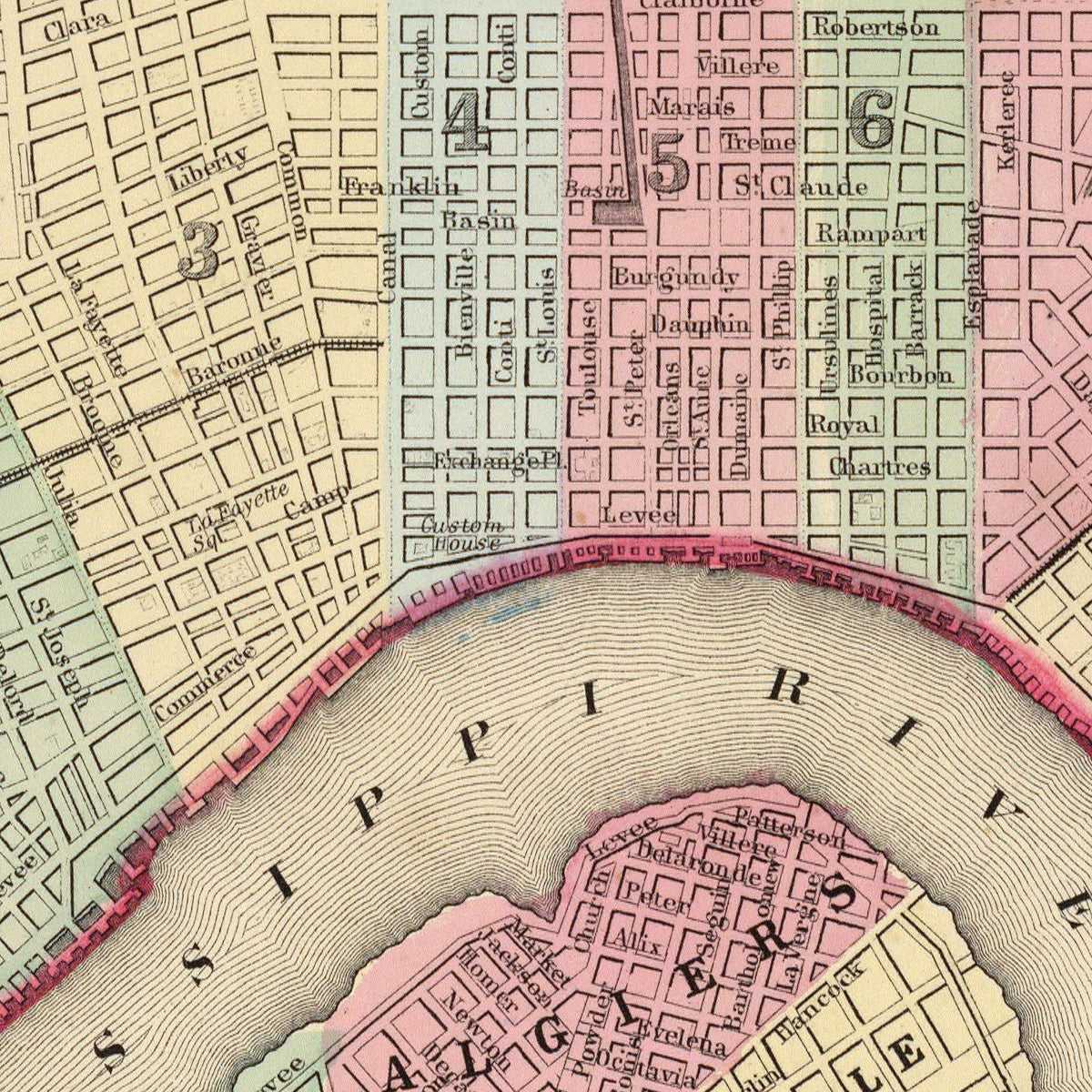 Restored historic details from the 1870 city map of New Orleans, Louisiana