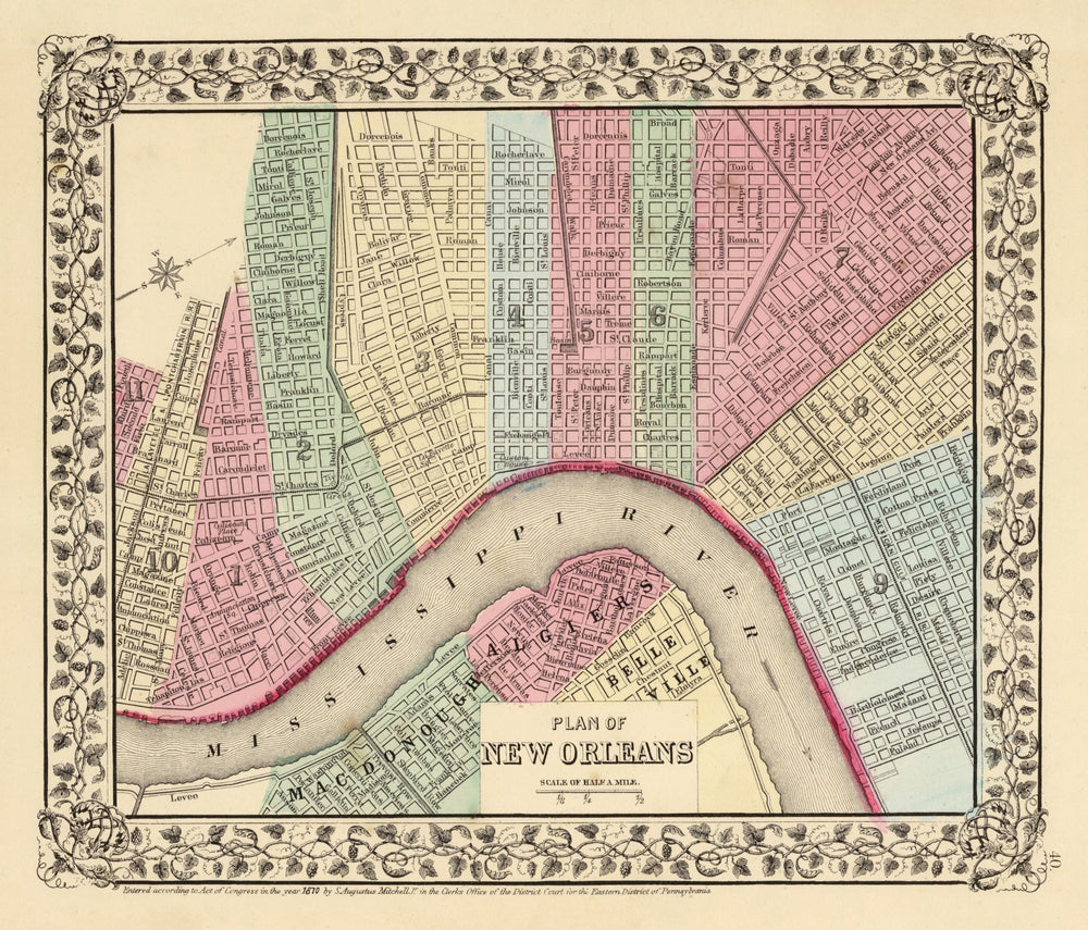 Vintage Map of New Orleans, Louisiana 1870 print style example