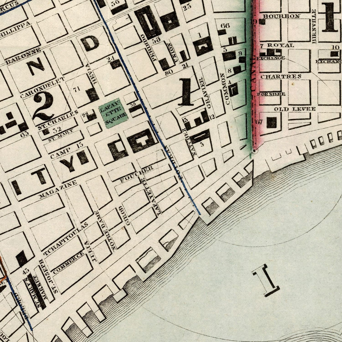 Restored historic details from the 1845 city map of New Orleans, Louisiana