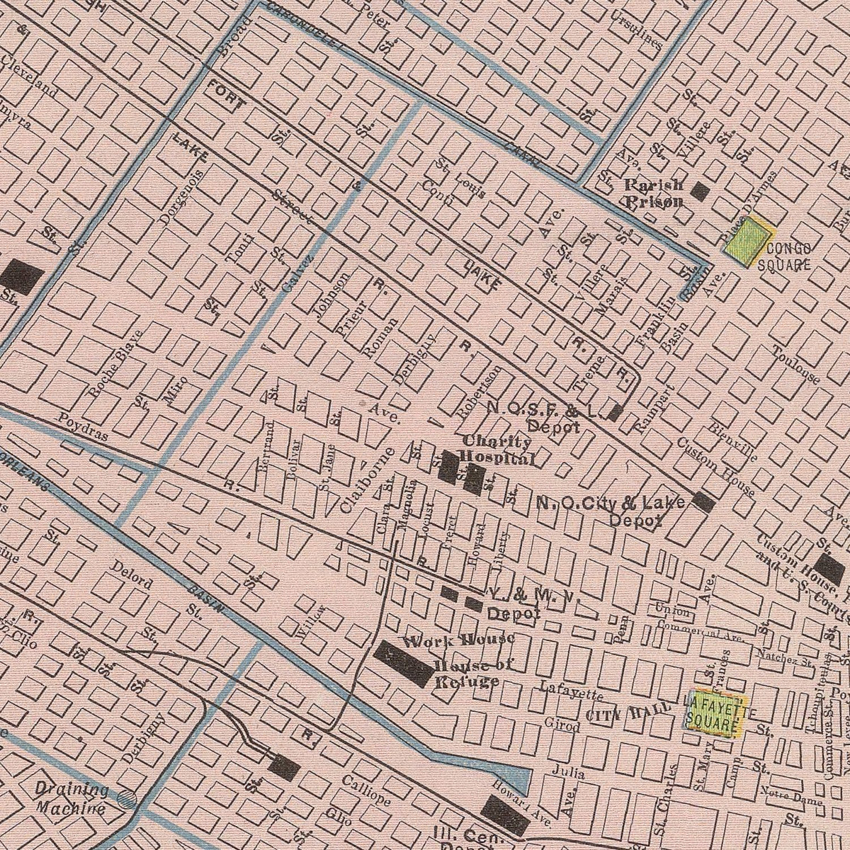 Restored historic details from the 1903 city map of New Orleans, Louisiana