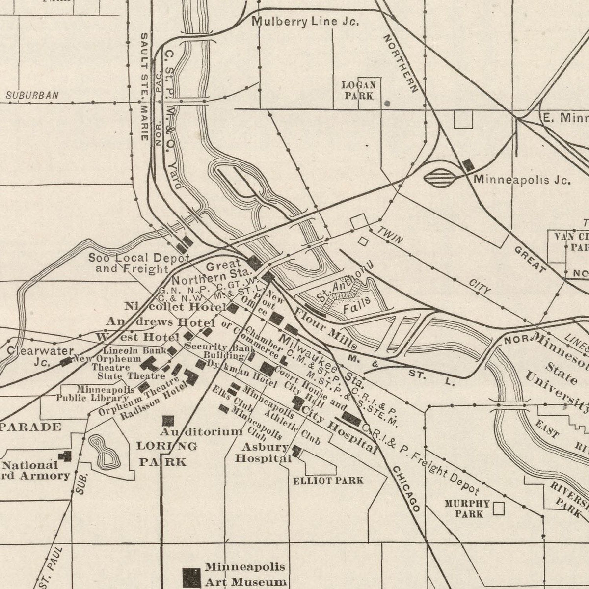 Restored historic details from the 1924 city map of Minneapolis, Minnesota