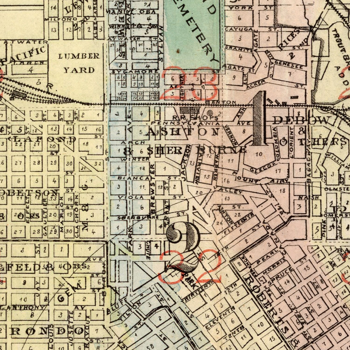 Restored historic details from the 1884 city map of St. Paul, Minnesota