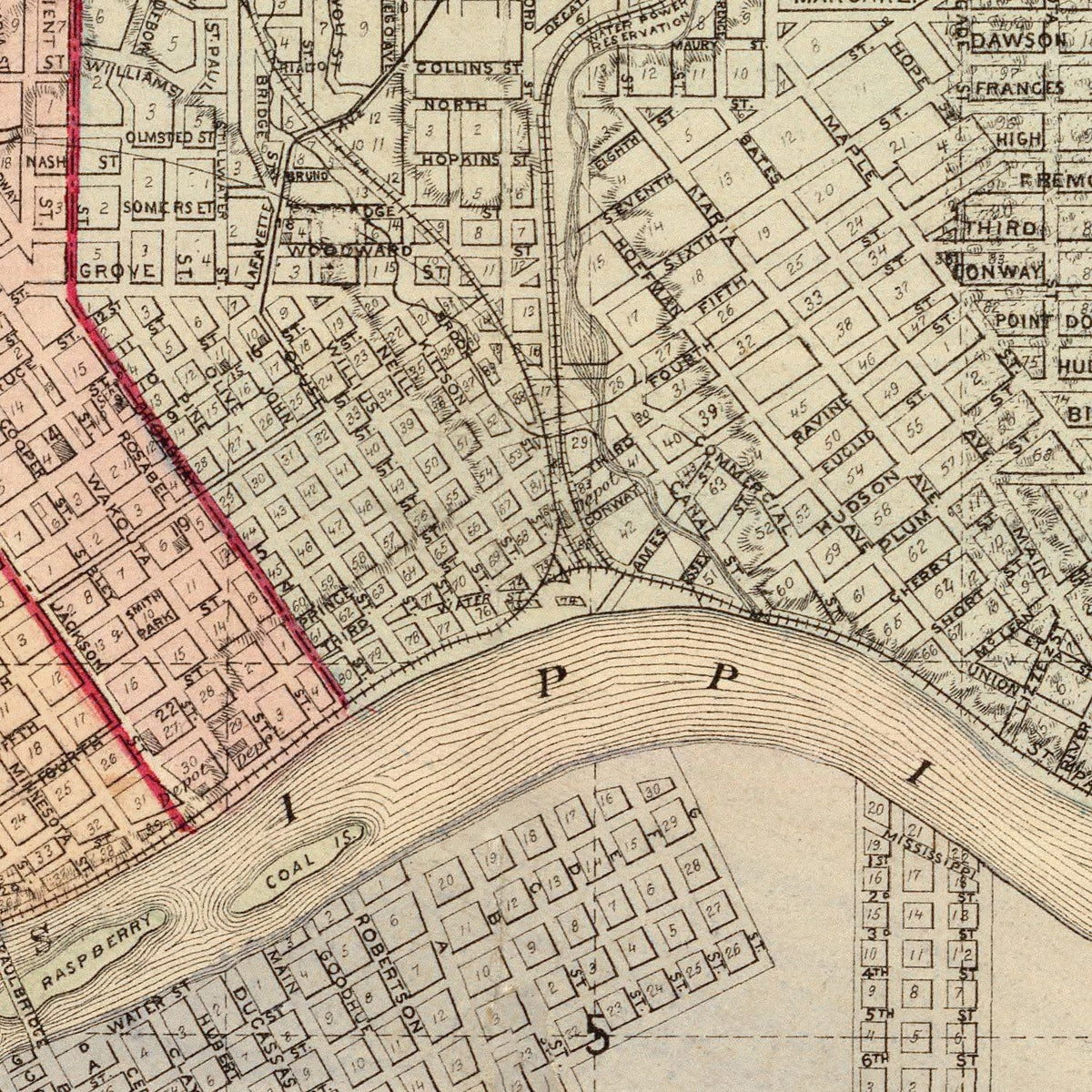 Restored historic details from the 1874 city map of St. Paul, Minnesota