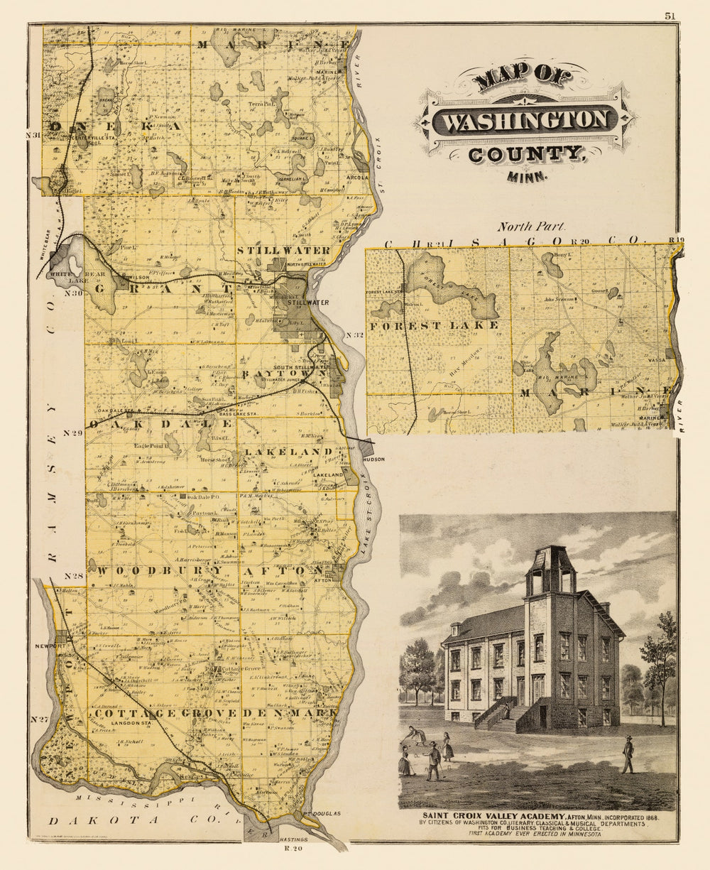 Vintage Map of Washington County, Minnesota 1874 print style example