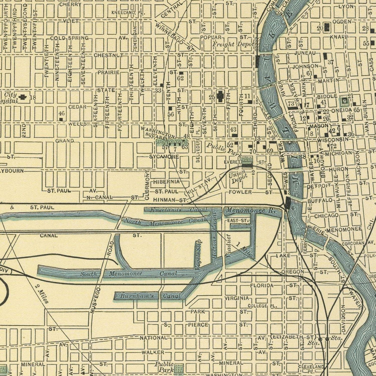 Restored historic details from the 1891 city map of Milwaukee, Wisconsin