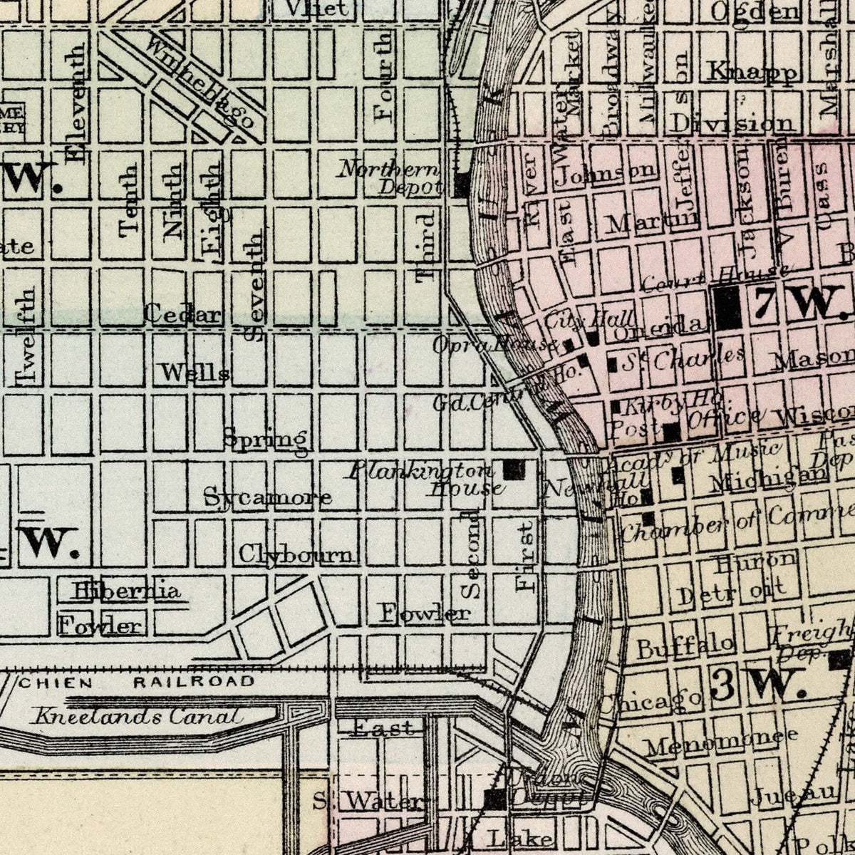 Restored historic details from the 1874 city map of Milwaukee, Wisconsin