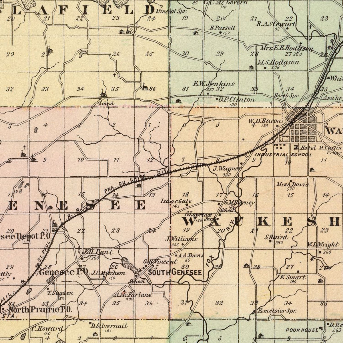 Restored historic details from the 1878 county map of Waukesha County, Wisconsin
