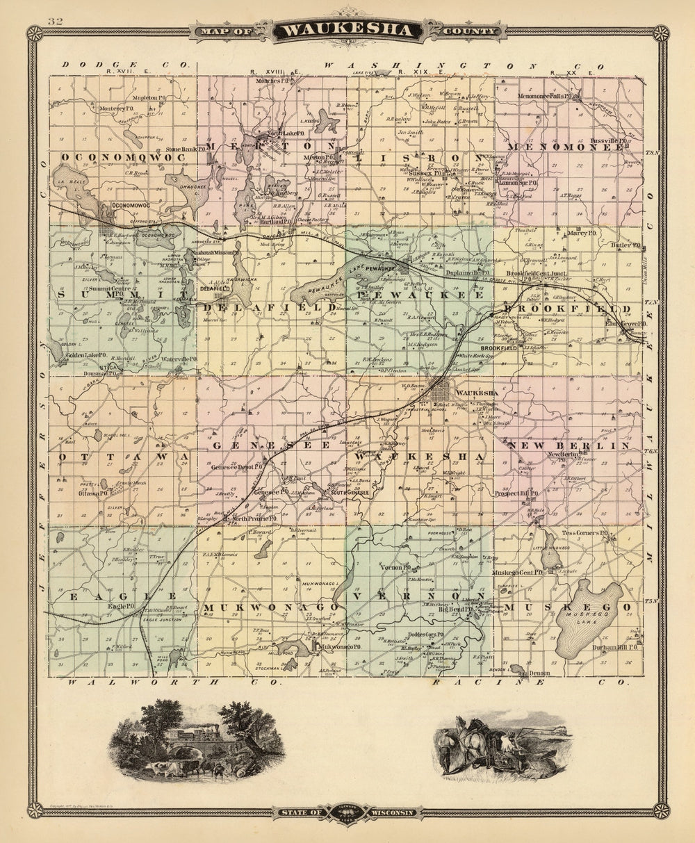 Vintage Map of Waukesha County, Wisconsin 1878 print style example
