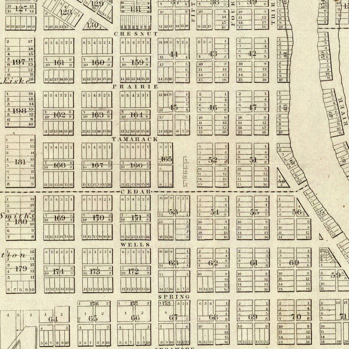 Restored historic details from the 1856 city map of Milwaukee, Wisconsin