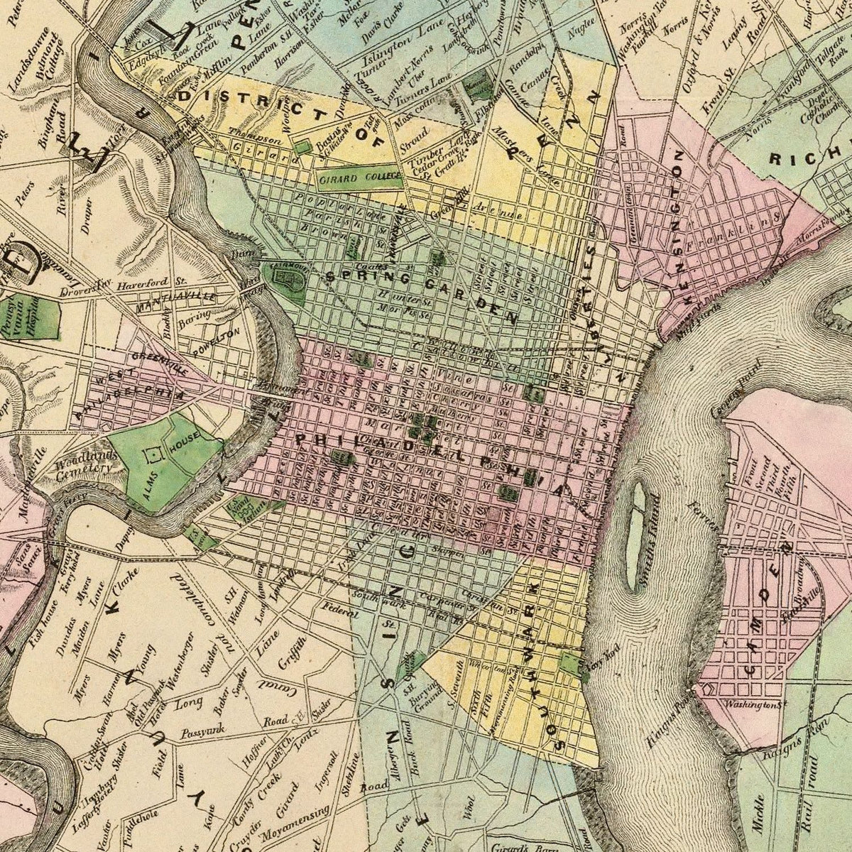 Restored historic details from the 1847 city map of Philadelphia, Pennsylvania