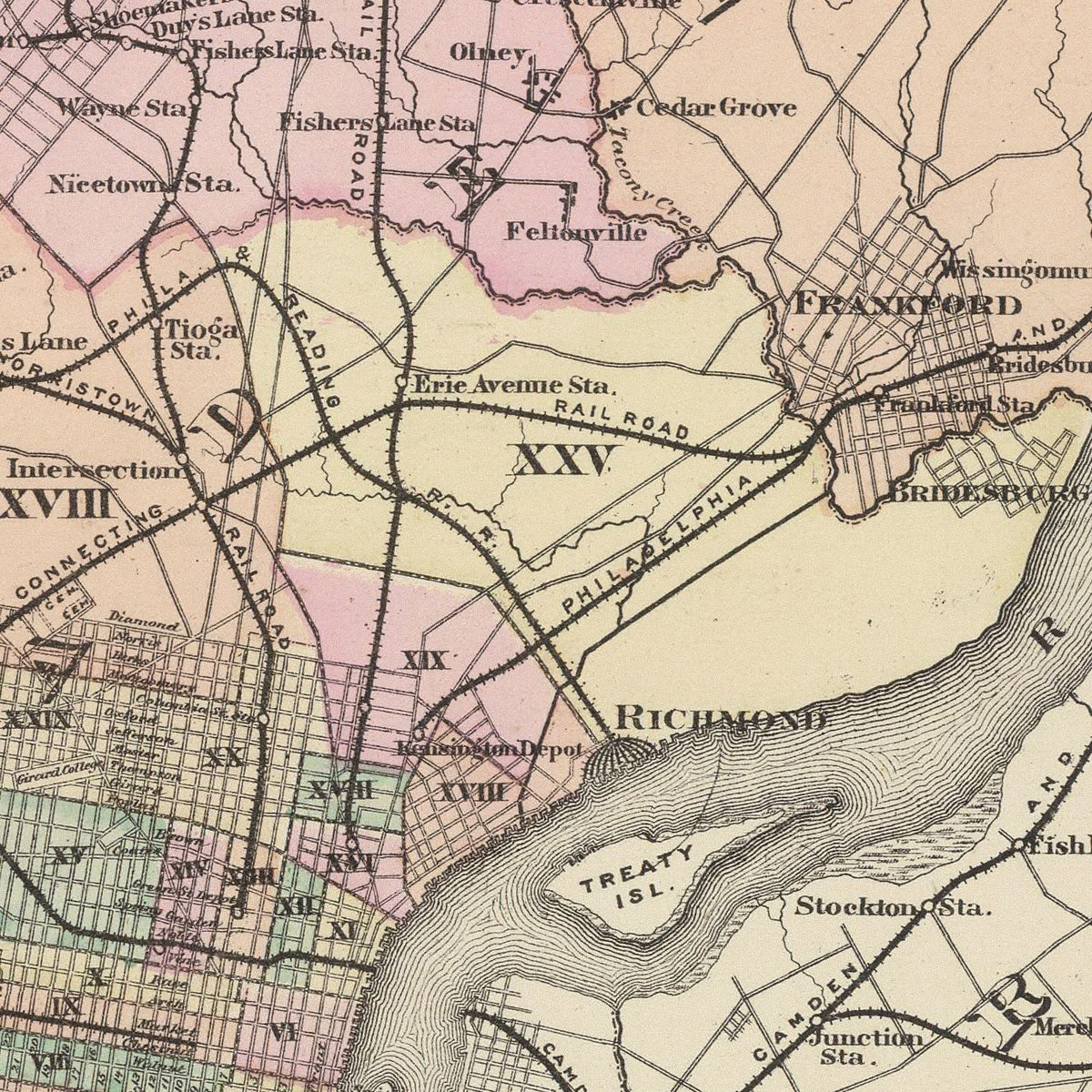 Restored historic details from the 1872 city map of Philadelphia, Pennsylvania