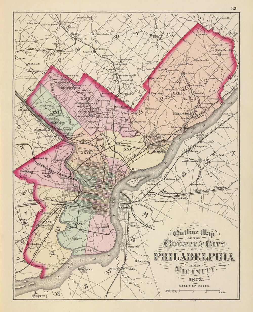 Vintage Map of Philadelphia, Pennsylvania 1872 print style example