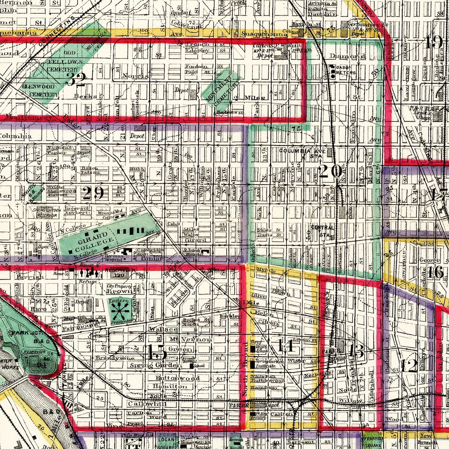 Restored historic details from the 1890 city map of Philadelphia, Pennsylvania