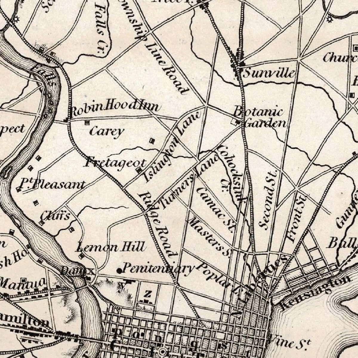 Restored historic details from the 1828 city map of Philadelphia, Pennsylvania