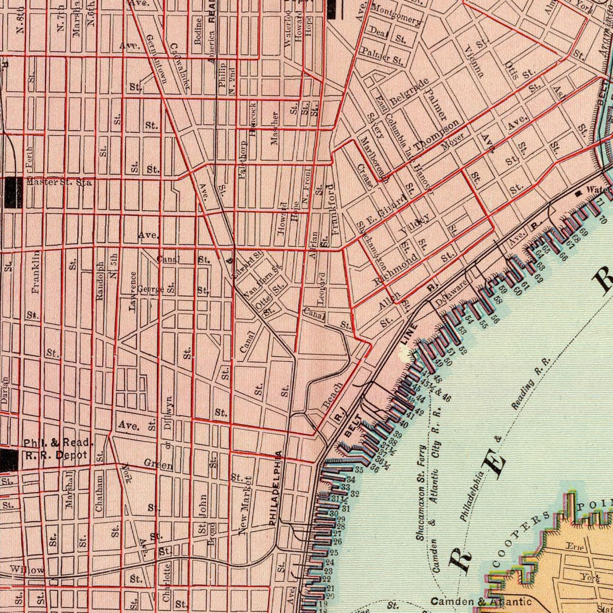 Restored historic details from the 1897 city map of Philadelphia, Pennsylvania