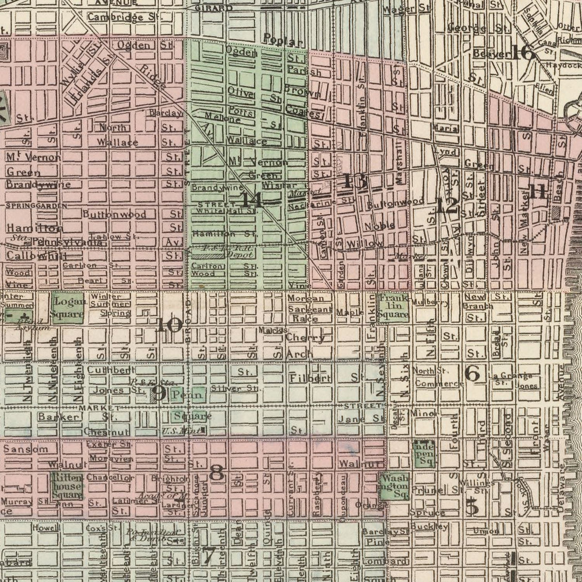 Restored historic details from the 1886 city map of Philadelphia, Pennsylvania