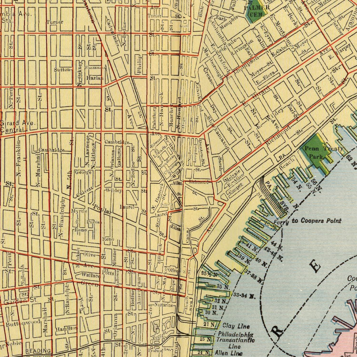 Restored historic details from the 1924 city map of Philadelphia, Pennsylvania