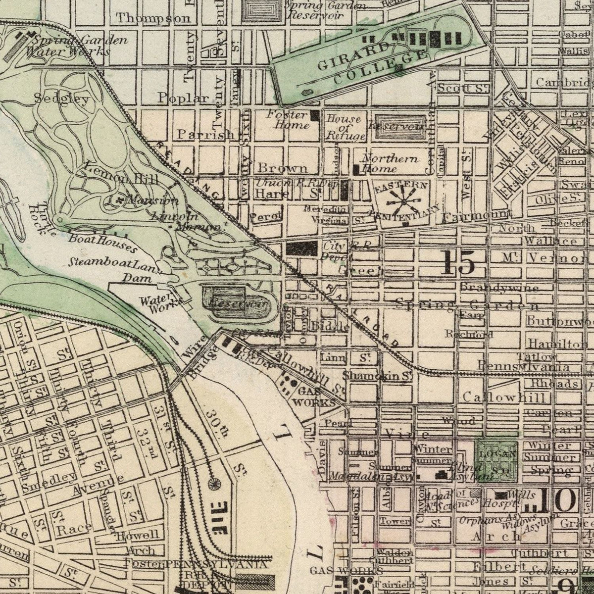 Restored historic details from the 1874 city map of Philadelphia, Pennsylvania
