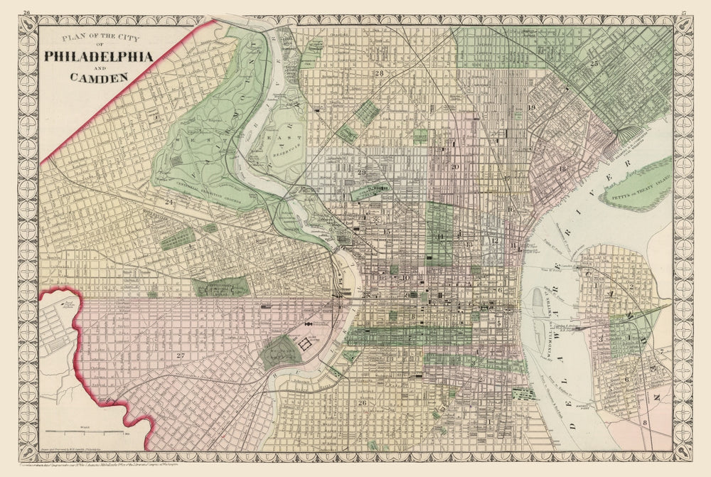 Vintage Map of Philadelphia, Pennsylvania 1874 print style example