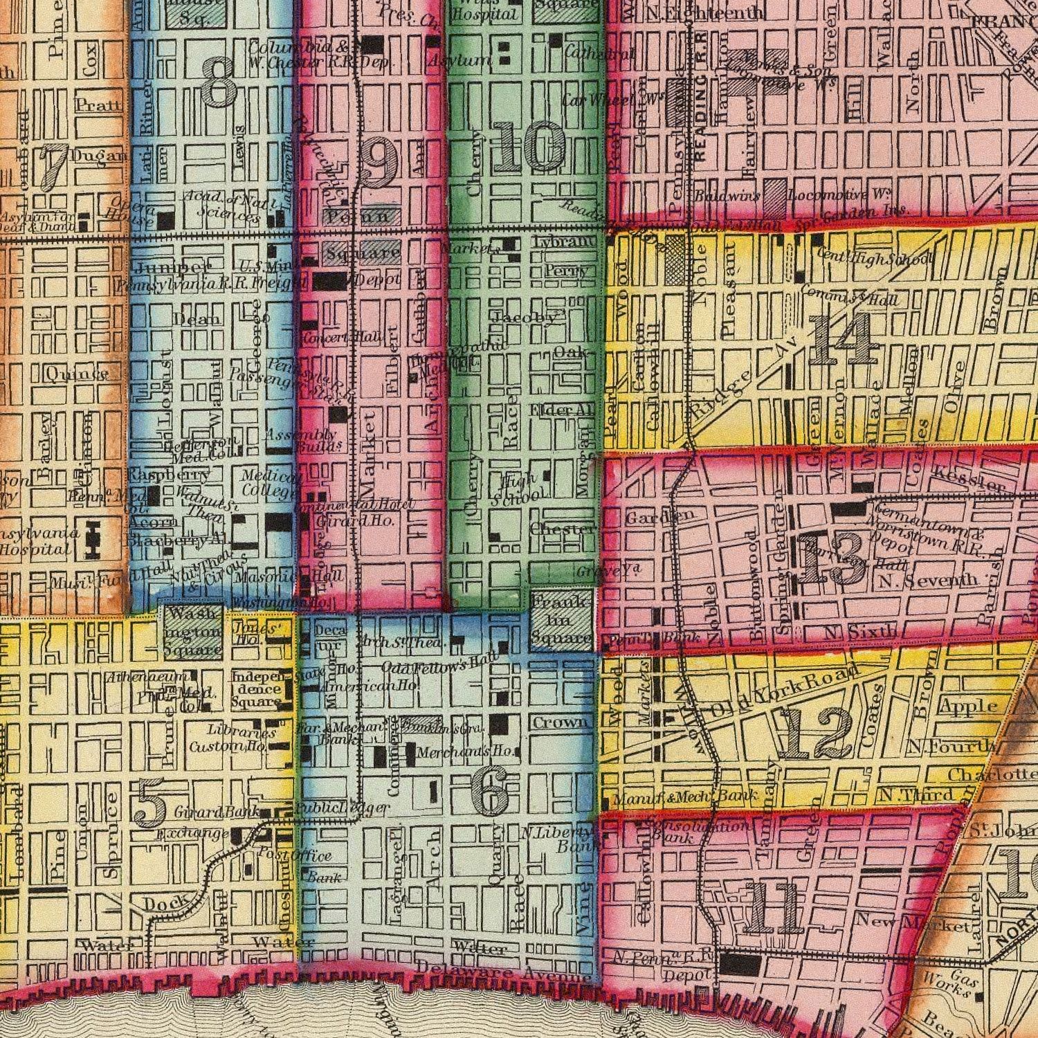 Restored historic details from the 1860 city map of Philadelphia, Pennsylvania