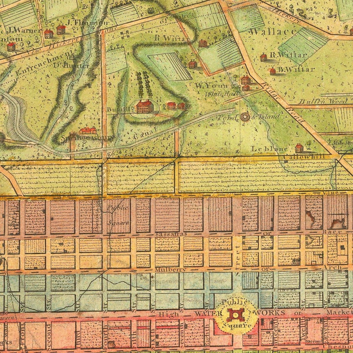 Restored historic details from the 1802 city map of Philadelphia, Pennsylvania