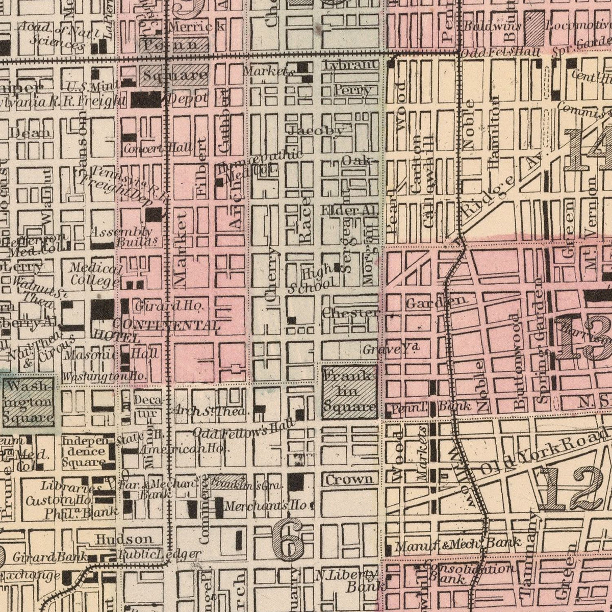 Restored historic details from the 1868 city map of Philadelphia, Pennsylvania