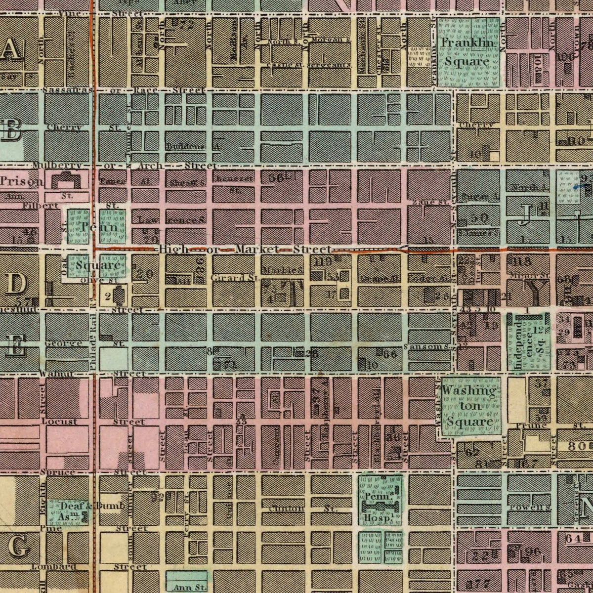 Restored historic details from the 1836 city map of Philadelphia, Pennsylvania
