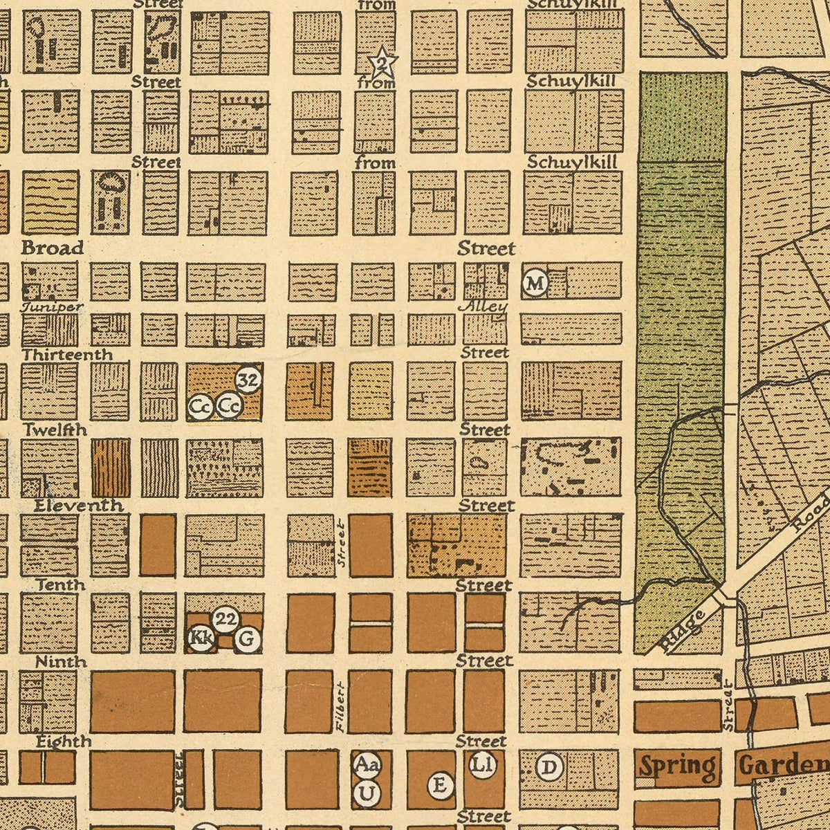 Restored historic details from the 1938 city map of Philadelphia, Pennsylvania
