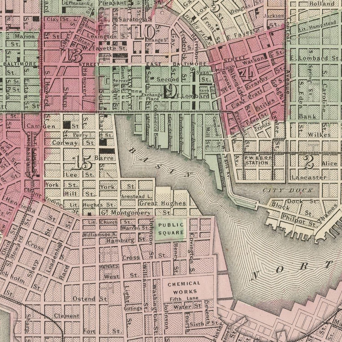 Restored historic details from the 1865 city map of Baltimore, Maryland