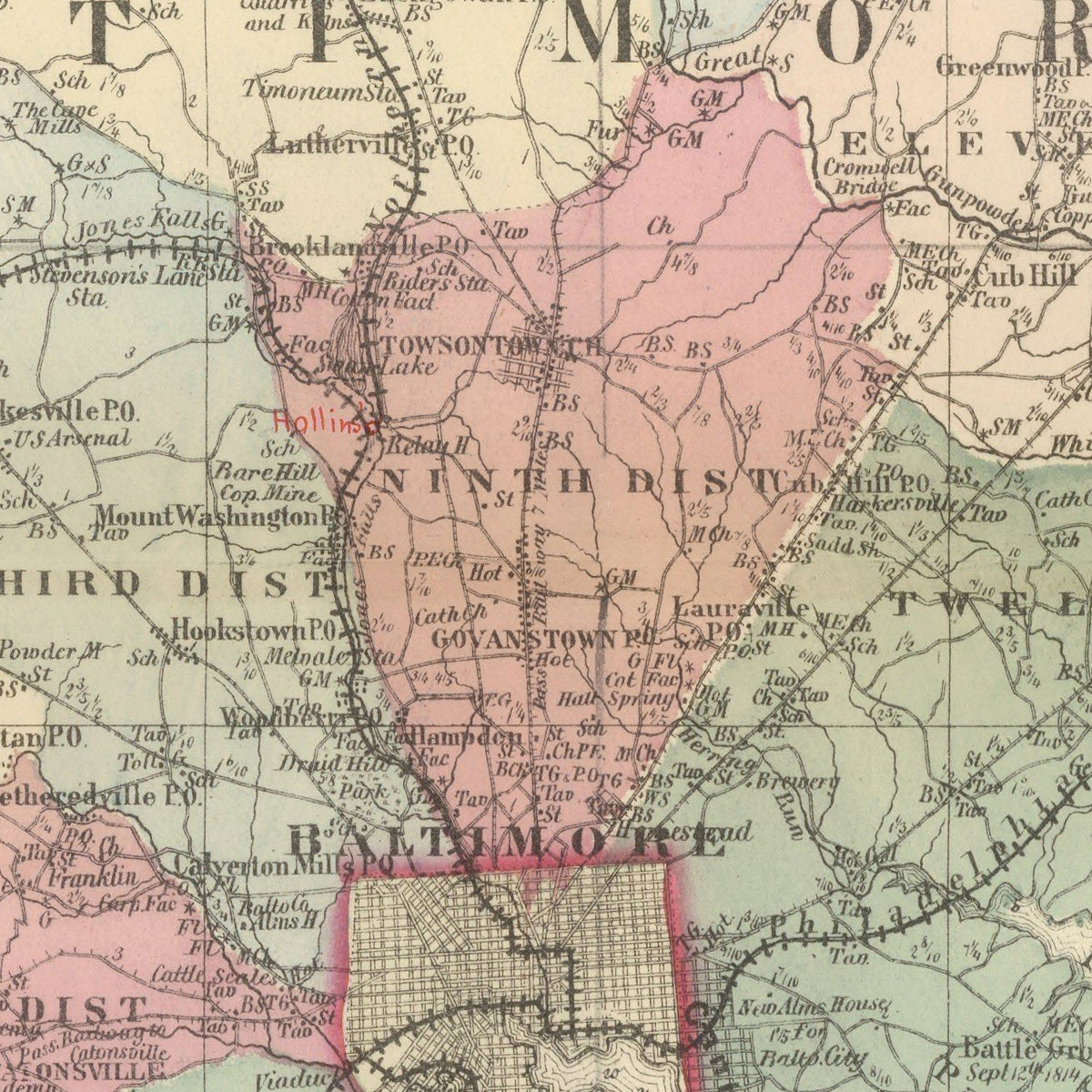 Restored historic details from the 1866 city map of Baltimore, Maryland