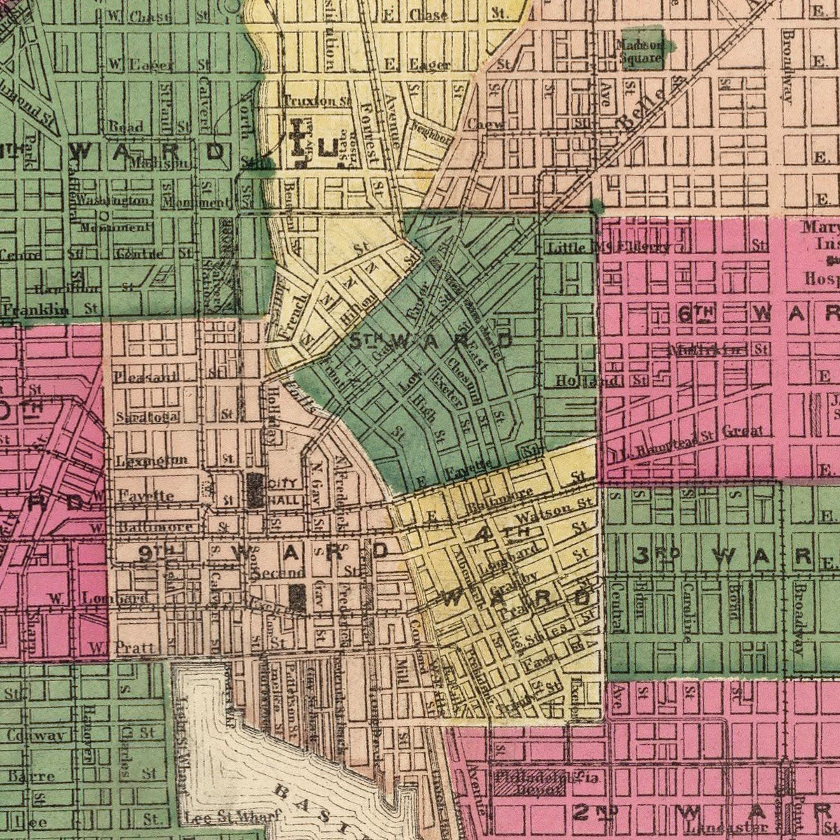 Restored historic details from the 1873 city map of Baltimore, Maryland