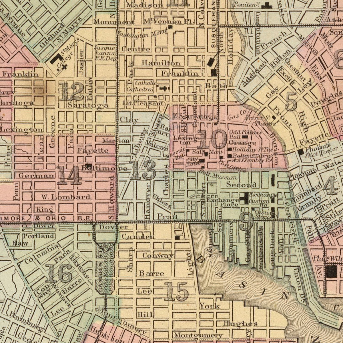 Restored historic details from the 1870 city map of Baltimore, Maryland