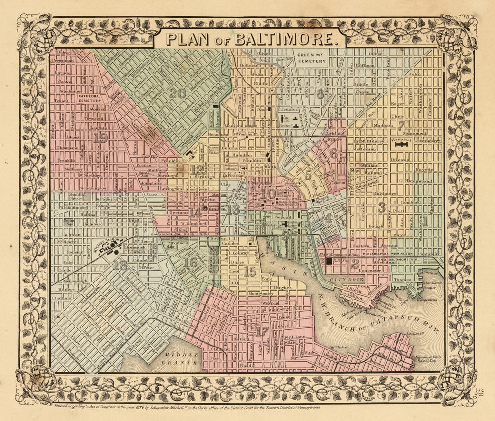 Vintage Map of Baltimore, Maryland 1870 print style example