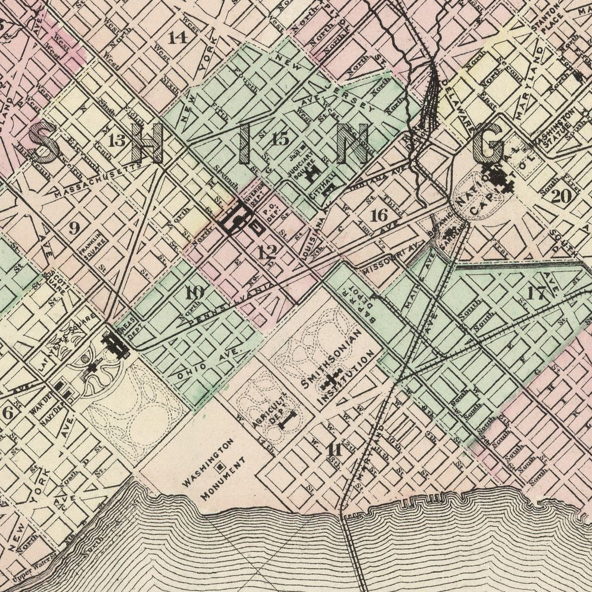 Restored historic details from the 1874 city map of Washington, Washington DC