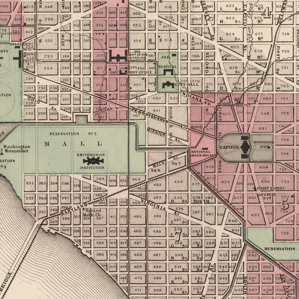 Restored historic details from the 1866 city map of Washington, Washington DC