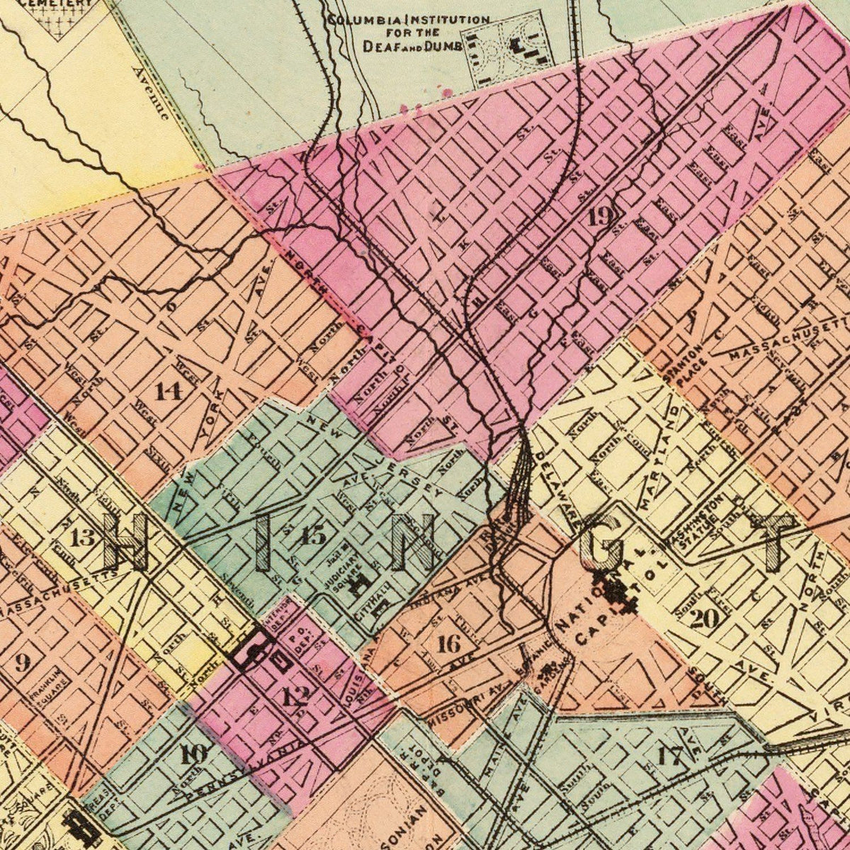 Restored historic details from the 1873 city map of Washington, Washington DC