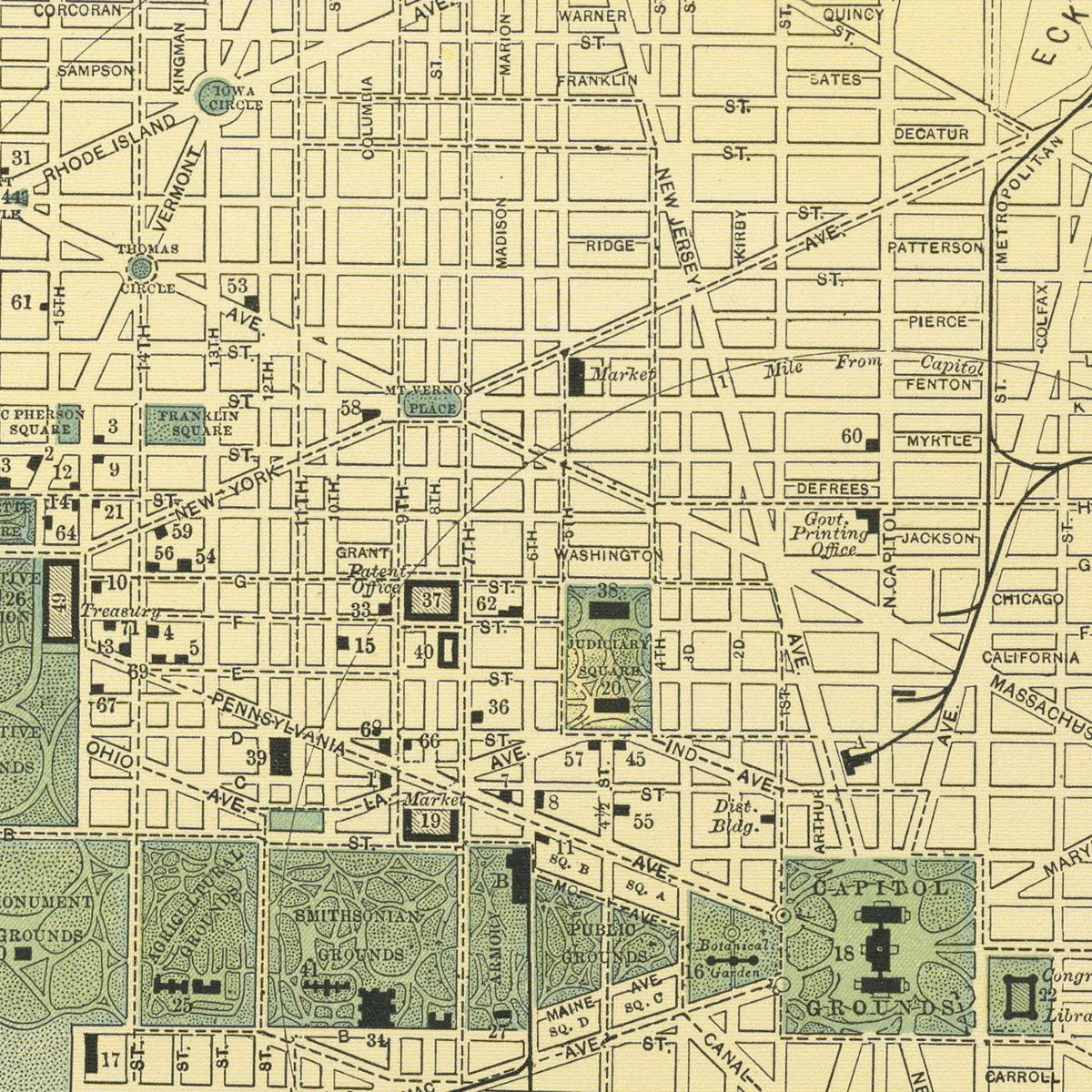 Restored historic details from the 1891 city map of Washington, Washington DC