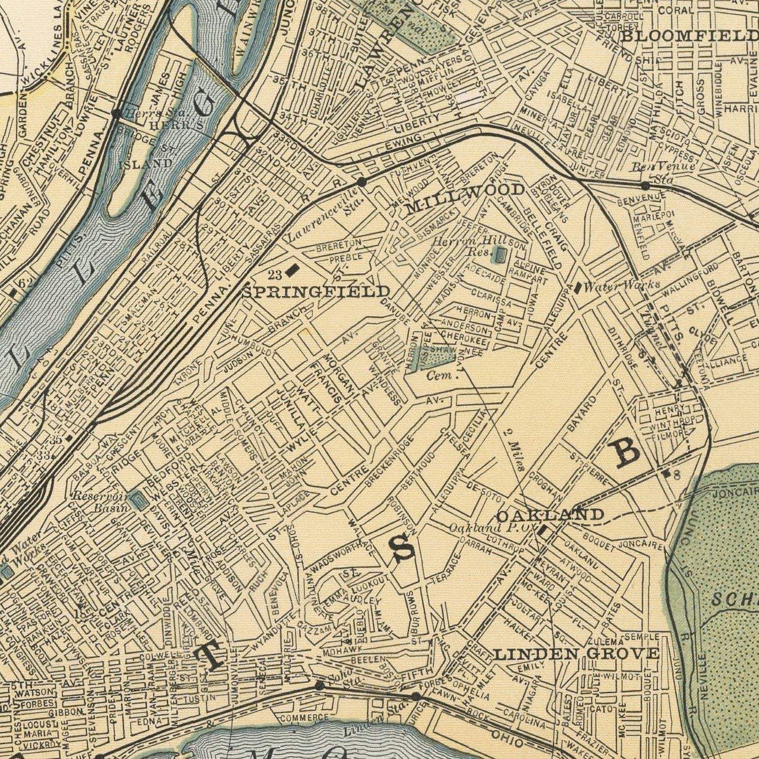 Restored historic details from the 1891 city map of Pittsburgh, Pennsylvania