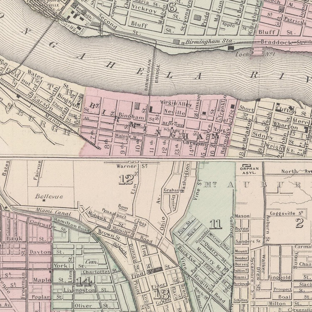Restored historic details from the 1886 city map of Pittsburgh, Pennsylvania