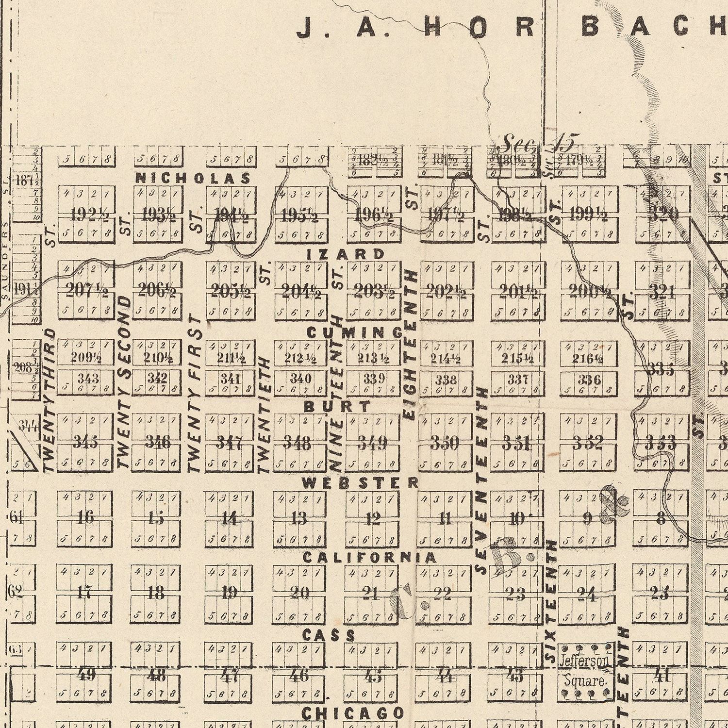 Restored historic details from the 1866 city map of Omaha, Nebraska