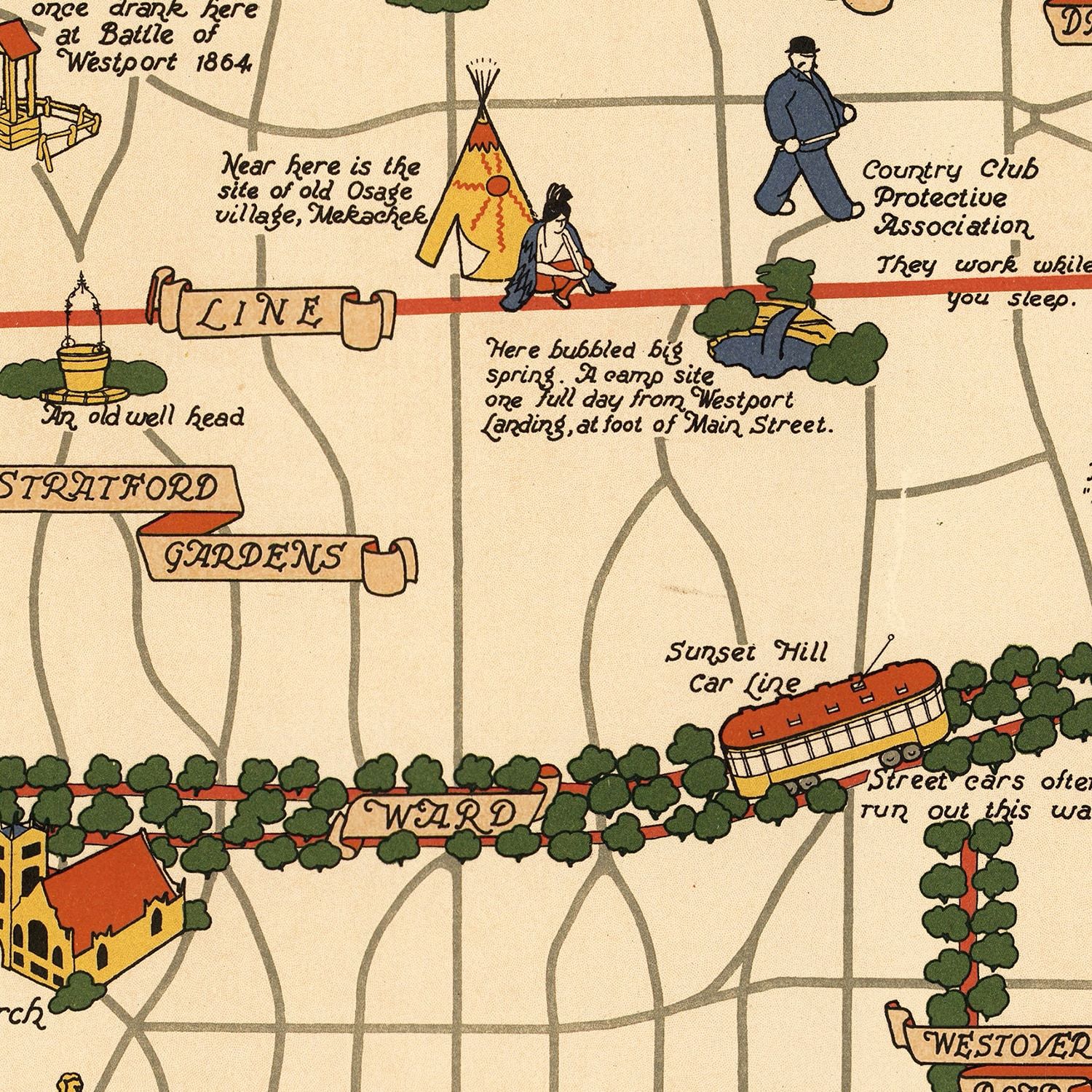 Restored historic details from the 1930 city map of Kansas City, Missouri