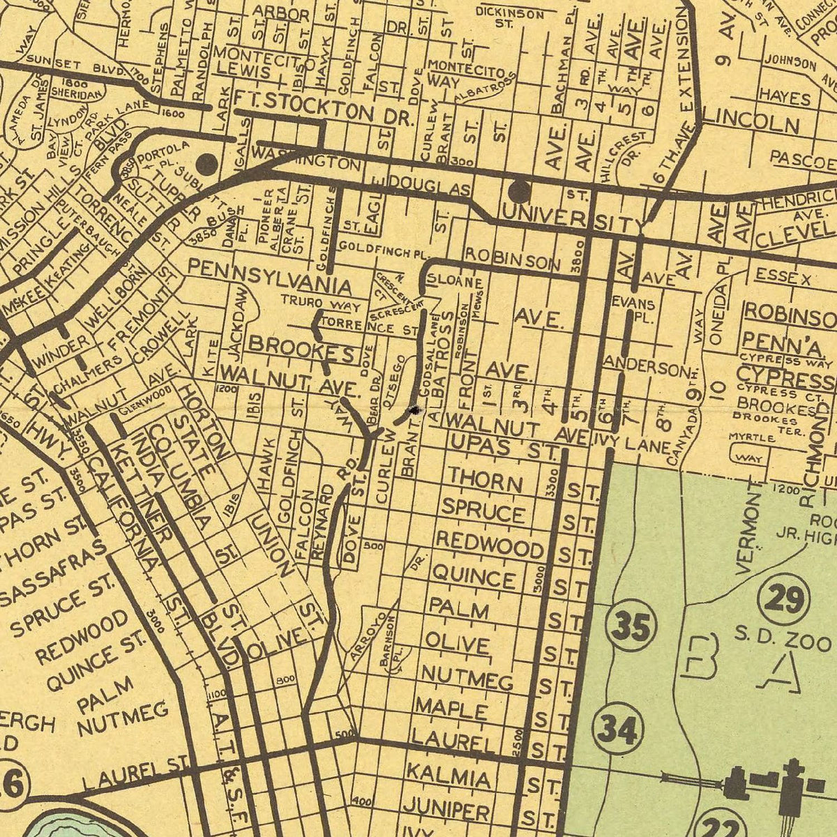 Restored historic details from the 1935 city map of San Diego, California
