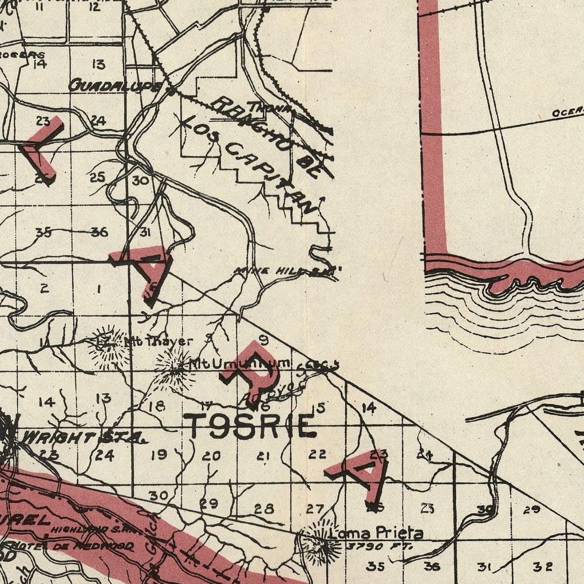 Restored historic details from the 1914 county map of Santa Cruz County, California