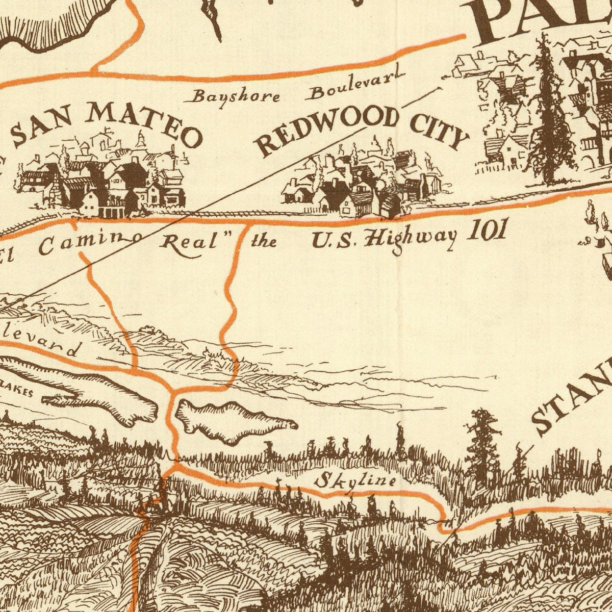 Restored historic details from the 1925 city map of Palo Alto, California
