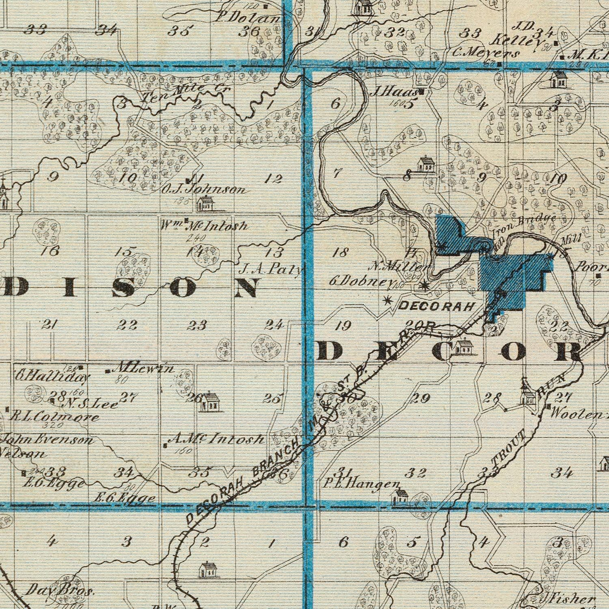 Restored historic details from the 1875 county map of Winneshiek County, Iowa