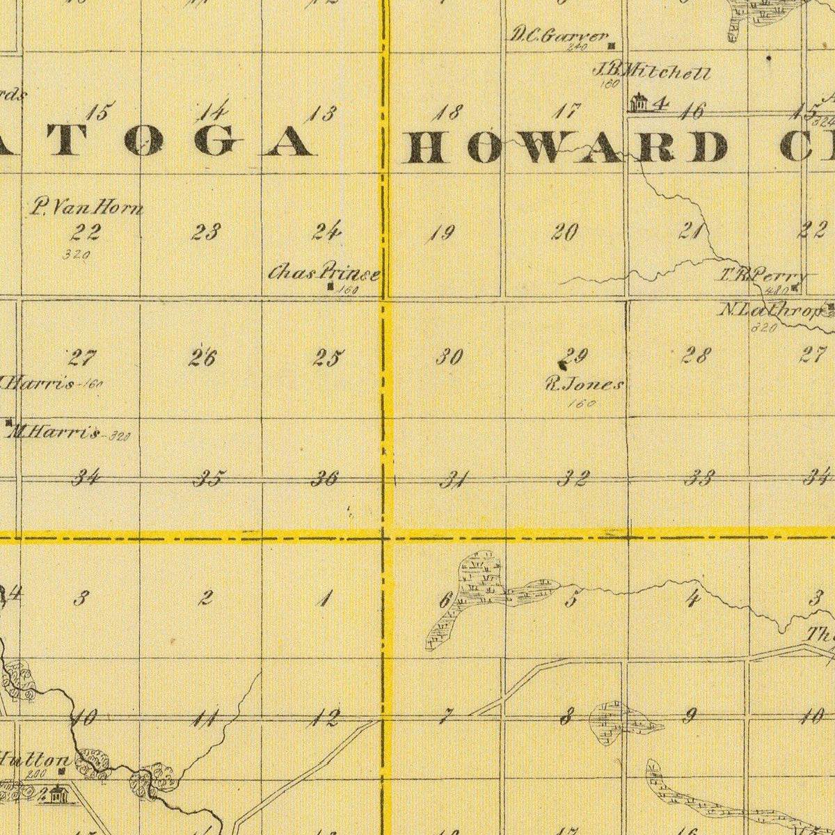 Restored historic details from the 1875 county map of Howard County, Iowa