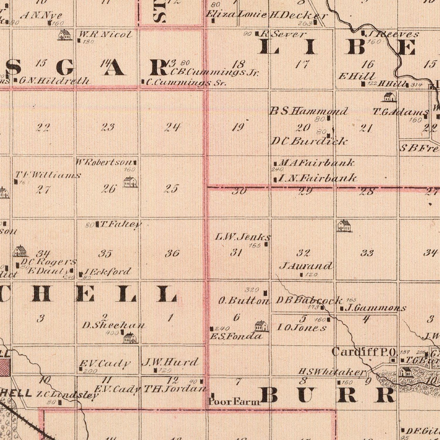 Restored historic details from the 1875 county map of Mitchell County, Iowa