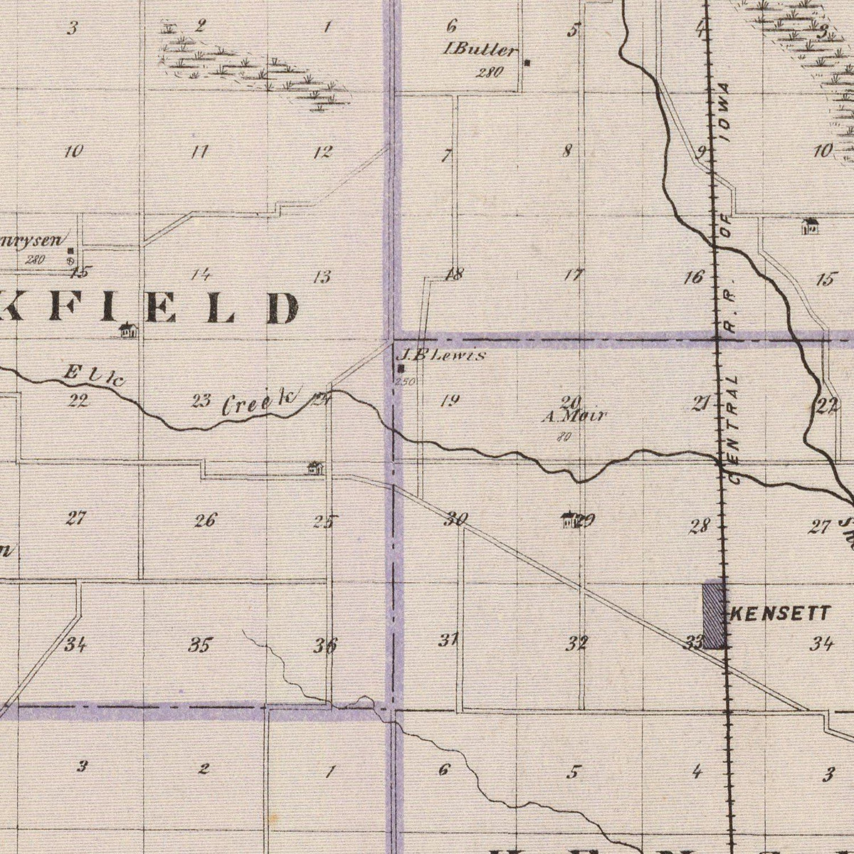 Restored historic details from the 1875 county map of Worth County, Iowa