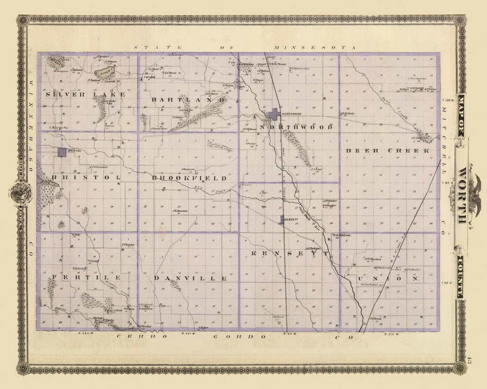 Vintage Map of Worth County, Iowa 1875 print style example